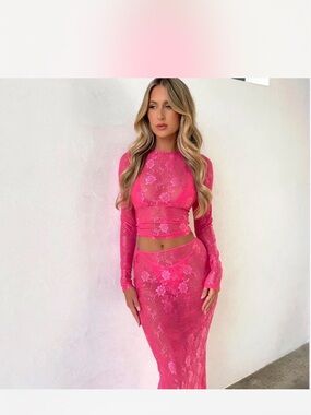 Pink Lace Long Sleeve Maxi Skirt